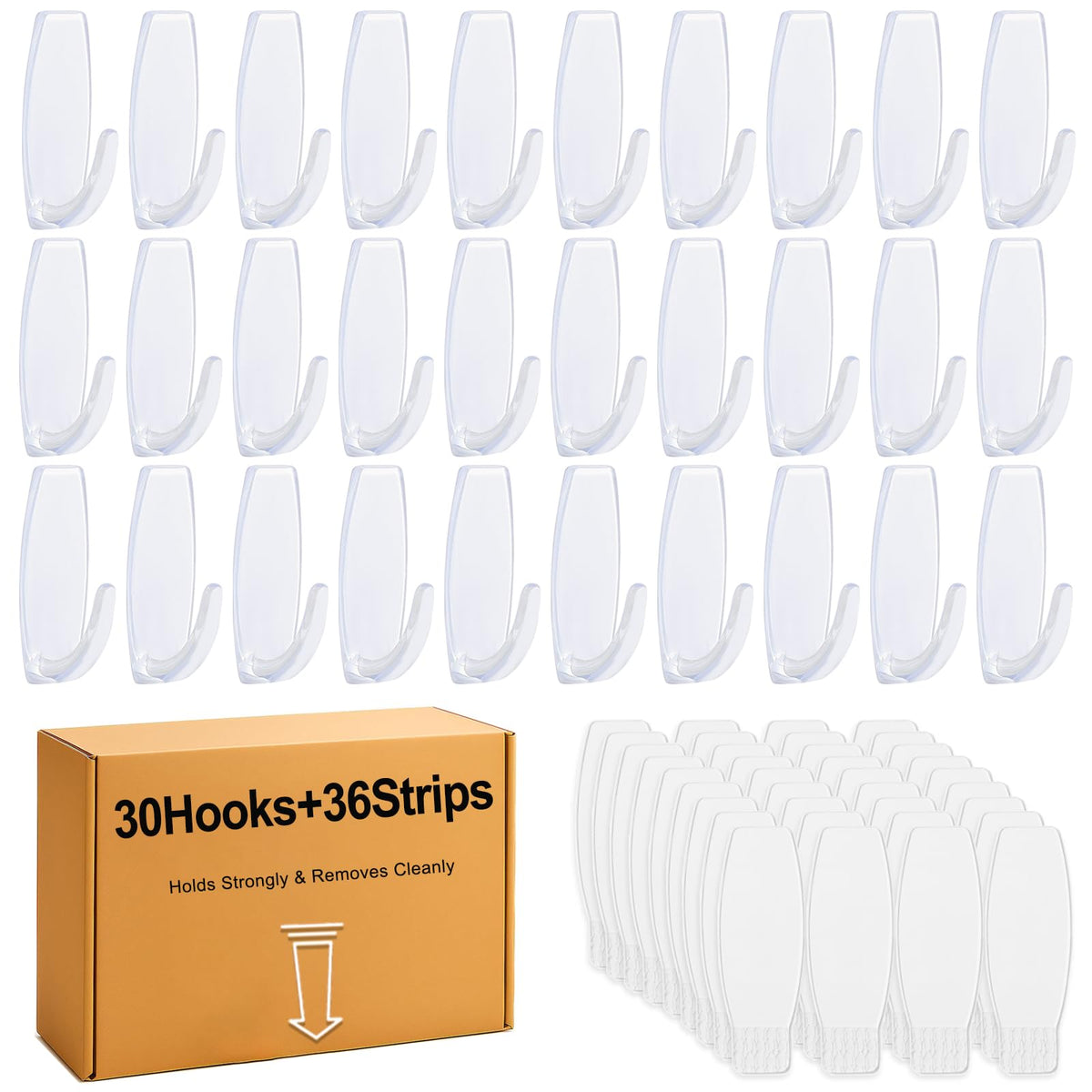 30 Large Hooks+36 Strips, Clear Utility Hooks with Removable Strips Damage-Free, Wall Hooks Heavy Duty for Hanging Home Decor, Value Pack