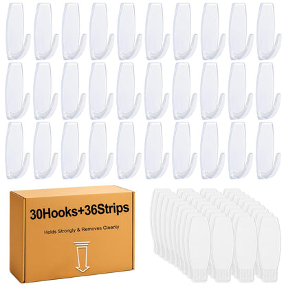 30 Large Hooks+36 Strips, Clear Utility Hooks with Removable Strips Damage-Free, Wall Hooks Heavy Duty for Hanging Home Decor, Value Pack