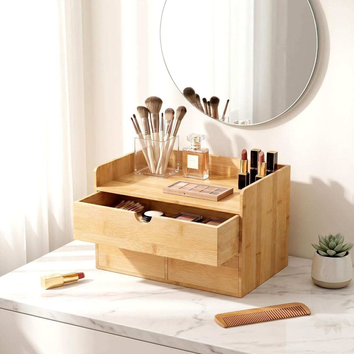 Bamboo Desk Organizer with Drawers, Desktop Storage for Office Supplies