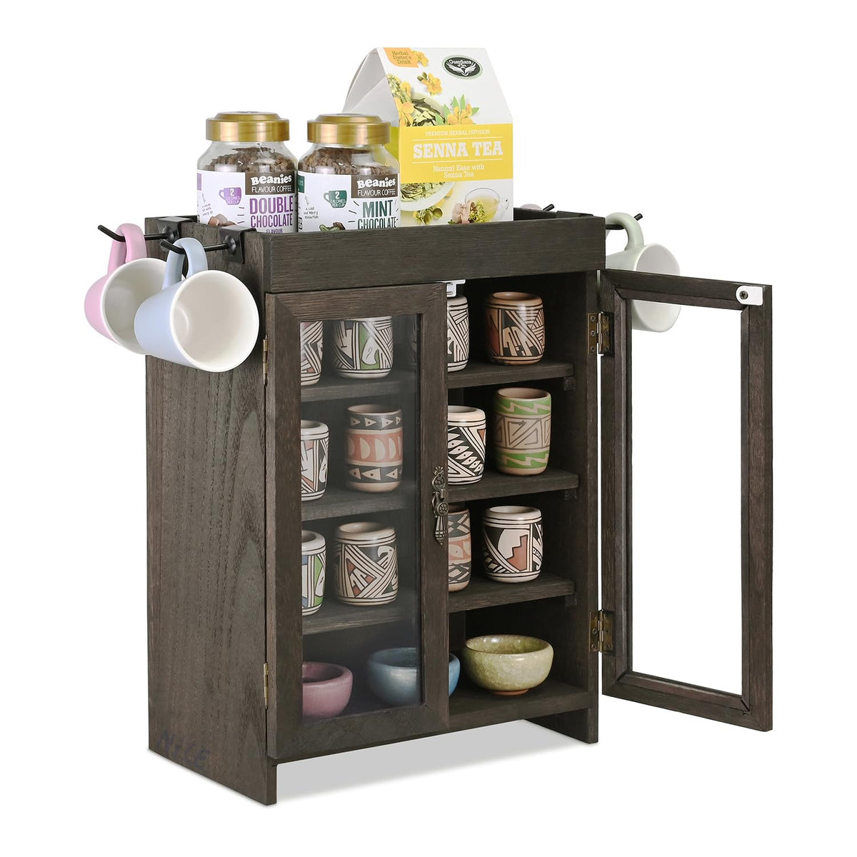 Ikee Design Wooden Countertop Storage Cabinet. Customizable Organizer with Adjustable Shelves, Glass Window Door and Removable Metal Hook. Perfect for Kitchen, Vanity, or Bathroom. Antique White