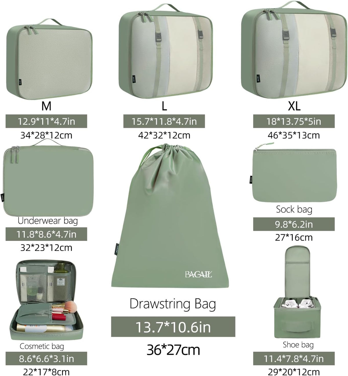 BAGAIL 8 Set Packing Cubes Luggage Packing Organizers for Travel Accessories-Matcha Green