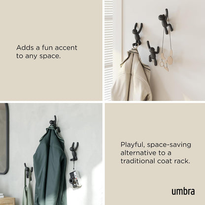 Umbra Buddy Wall Hooks, Decorative Wall Mount Coat Hooks, Set of 3, Black