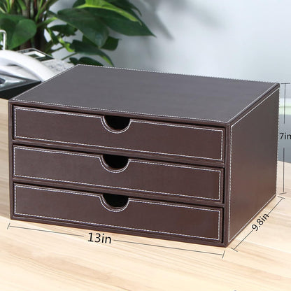 Stackable 3-Drawer Desk Organizer, Executive Office Supplies Desktop Filing A4 File Cabinet/Holder, Leather Storage Box for Document/Paper/Home Decor Accessories (brown)…