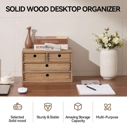 KIRIGEN Wood Desk Organizer with 4 Drawers, Desktop Storage, Brown 34-DBR