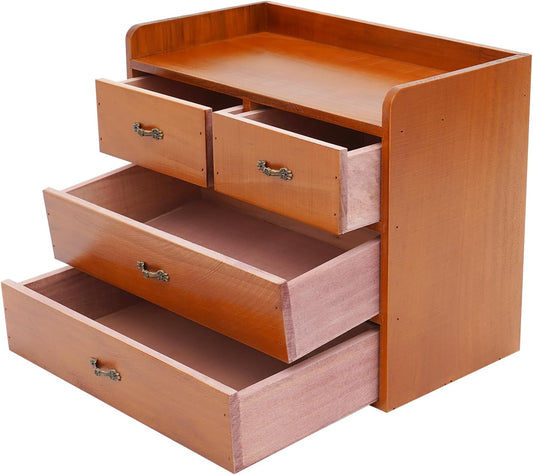Wooden Desktop Organizer with 4 Drawers, Vintage Apothecary Style Office Organization Storage Cabinet, Tabletop Drawer Organizers for Supplies, Desk Accessories, Wood Tool Chest, Tea Cabinet