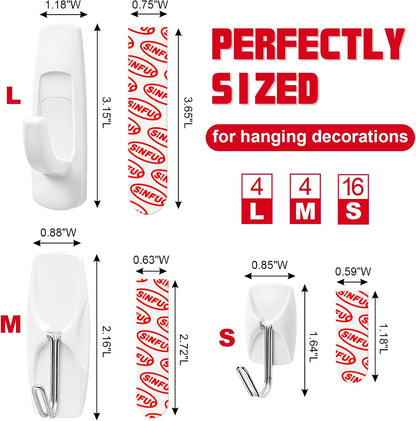 Sinfuo 24 Hooks for Hanging Variety Pack, Adhesive Wall Hooks Heavy Duty with 36 Stirps,no Damage Large midium Small Sticky Utility Hooks for Outdoor、Tower、Keys