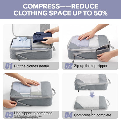 Sutinban 7-Piece Compression Packing Cubes for Travel, 6 Expandable Luggage Organizer Bags and Shoe Bag, Water-Resistant Mesh Suitcase Organizers, Grey
