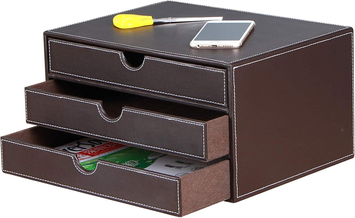 Stackable 3-Drawer Desk Organizer, Executive Office Supplies Desktop Filing A4 File Cabinet/Holder, Leather Storage Box for Document/Paper/Home Decor Accessories (brown)…