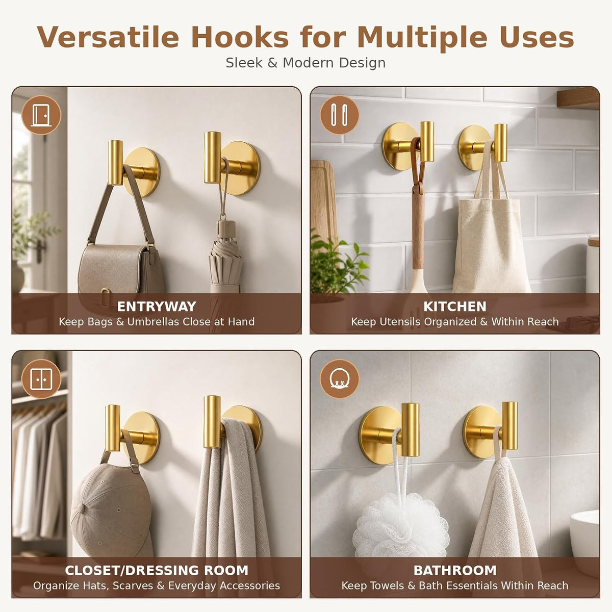Gold Stainless Steel Wall Hooks, Heavy Duty Self-Adhesive Hooks for Coats, Towels, Robes, Hats, Aprons – No Drill Bathroom, Kitchen, Hotel (2 Pack)