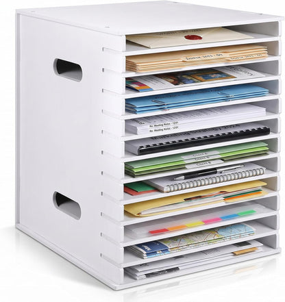 12 Tier 9" x 11" Scrapbook Paper Organizer, White Desk File Organizer with Adjustable Shelves, Desktop File Sorter Storage, Wide Document Holder Cabinets for Desk Home Office