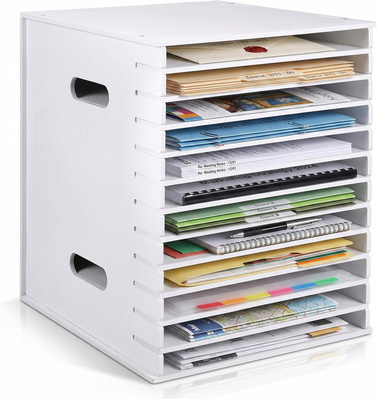 12 Tier 9" x 11" Scrapbook Paper Organizer, White Desk File Organizer with Adjustable Shelves, Desktop File Sorter Storage, Wide Document Holder Cabinets for Desk Home Office