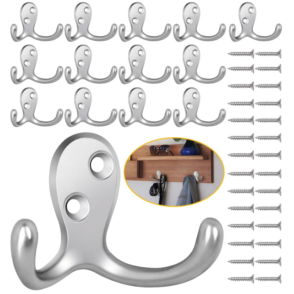 Homanu 14 Pack Silvery Coat Hooks Wall Mounted Double Prong with 28 Screws