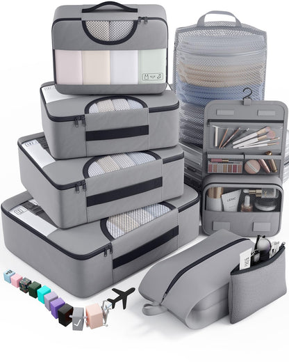 Veken 8 Set Packing Cubes for Travel Essentials,Anti-Wrinkle Buckled Suitcase Organizer for Shoe & Toiletry Bag,Carry On Luggage Bag with 99+ Count Mesh Holes for Airplane & College Dorm Accessories
