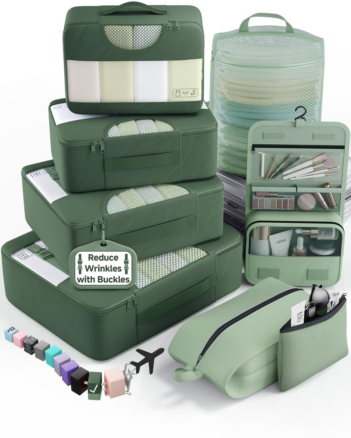 Veken 8 Set Packing Cubes for Travel Essentials,Anti-Wrinkle Buckled Suitcase Organizer for Shoe & Toiletry Bag,Carry On Luggage Bag with 99+ Count Mesh Holes for Airplane & College Dorm Accessories