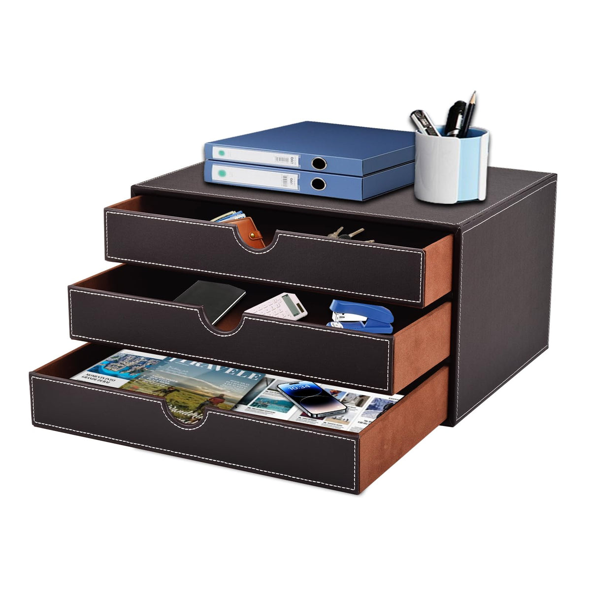 PU Leather Desk Organizer with 3 Drawers,Executive Office Supplies Desktop Filing A4 File Cabinet/Holder for Jewelry/Bill/Paper/Documents/Makeup Home Decor Stationery Storage Box,Black