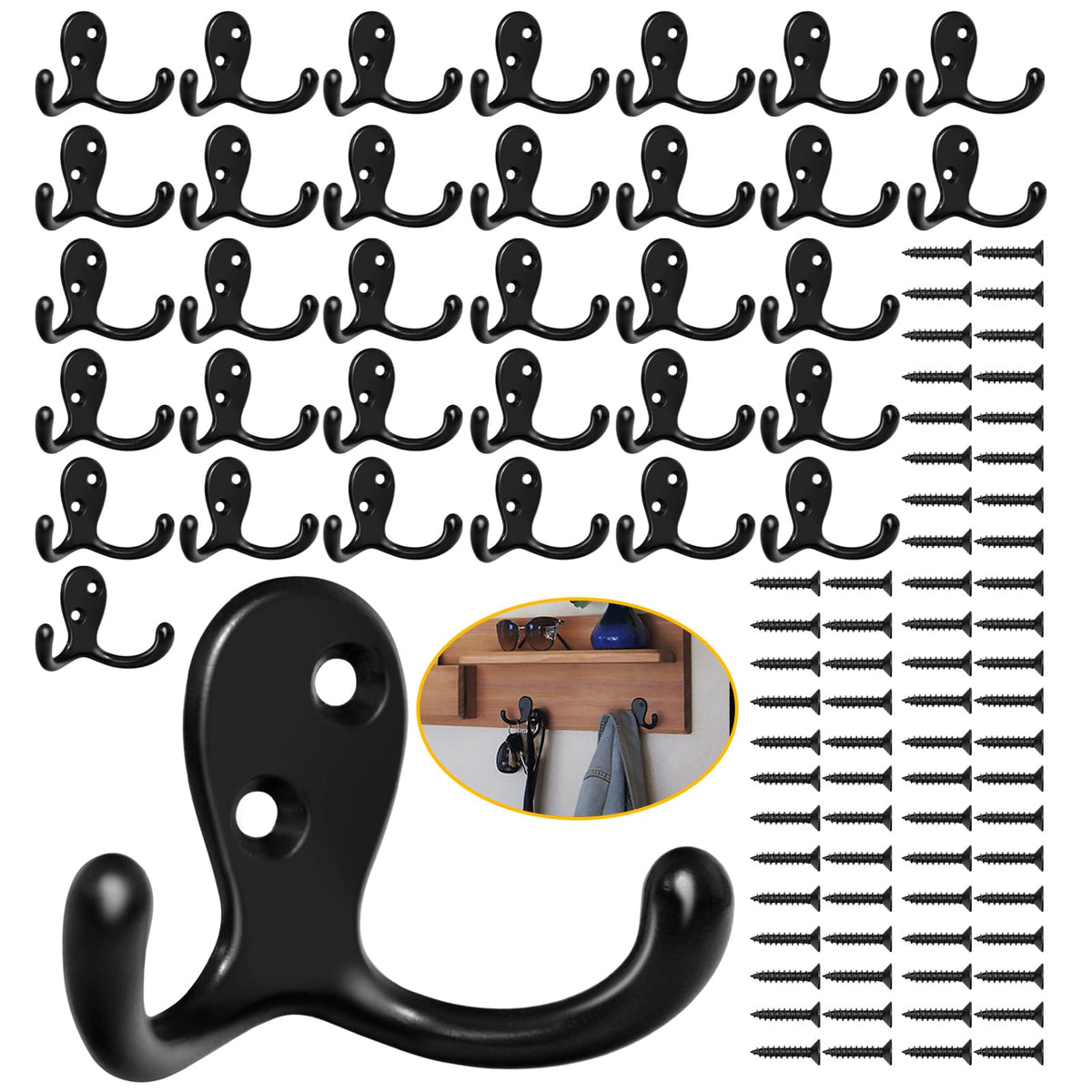 Homanu 14 Pack Silvery Coat Hooks Wall Mounted Double Prong with 28 Screws
