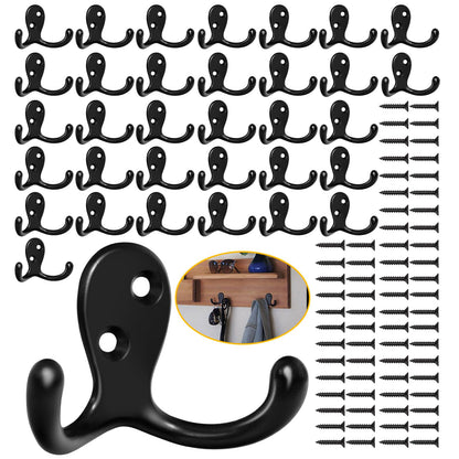 Homanu 14 Pack Silvery Coat Hooks Wall Mounted Double Prong with 28 Screws