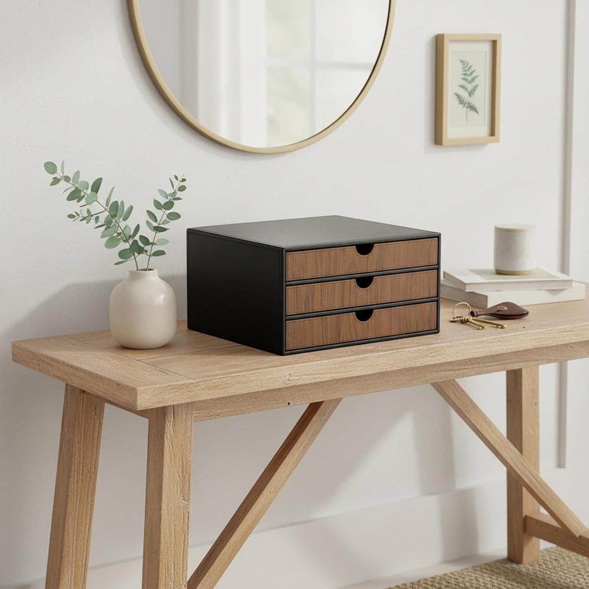 UnionBasic Document Organizer, 3-Drawer File Cabinet Document Storage Box, Office Desktop Filing Organizer, Black with Wood Grain Drawers