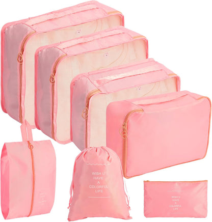 7PCS Packing Cubes for Suitcases, Travel Luggage Organizer Bags, Suitcase Organizer Bags Set for Carry on Luggage Travel Essentials, Pink