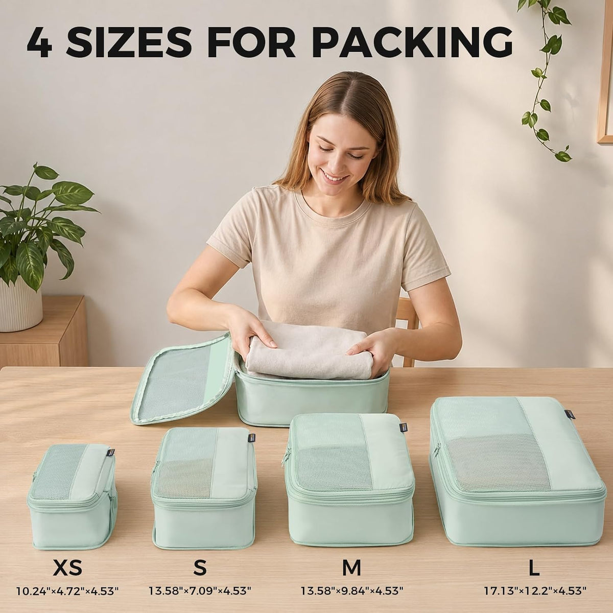 4 Piece Compression Packing Cubes for 3–7 Day Travel, Light Green