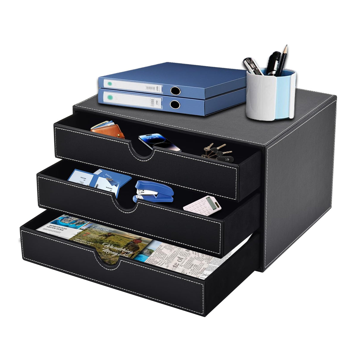 PU Leather Desk Organizer with 3 Drawers,Executive Office Supplies Desktop Filing A4 File Cabinet/Holder for Jewelry/Bill/Paper/Documents/Makeup Home Decor Stationery Storage Box,Black