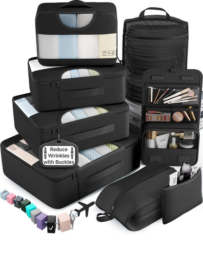 Veken 8 Set Packing Cubes for Travel Essentials,Anti-Wrinkle Buckled Suitcase Organizer for Shoe & Toiletry Bag,Carry On Luggage Bag with 99+ Count Mesh Holes for Airplane & College Dorm Accessories