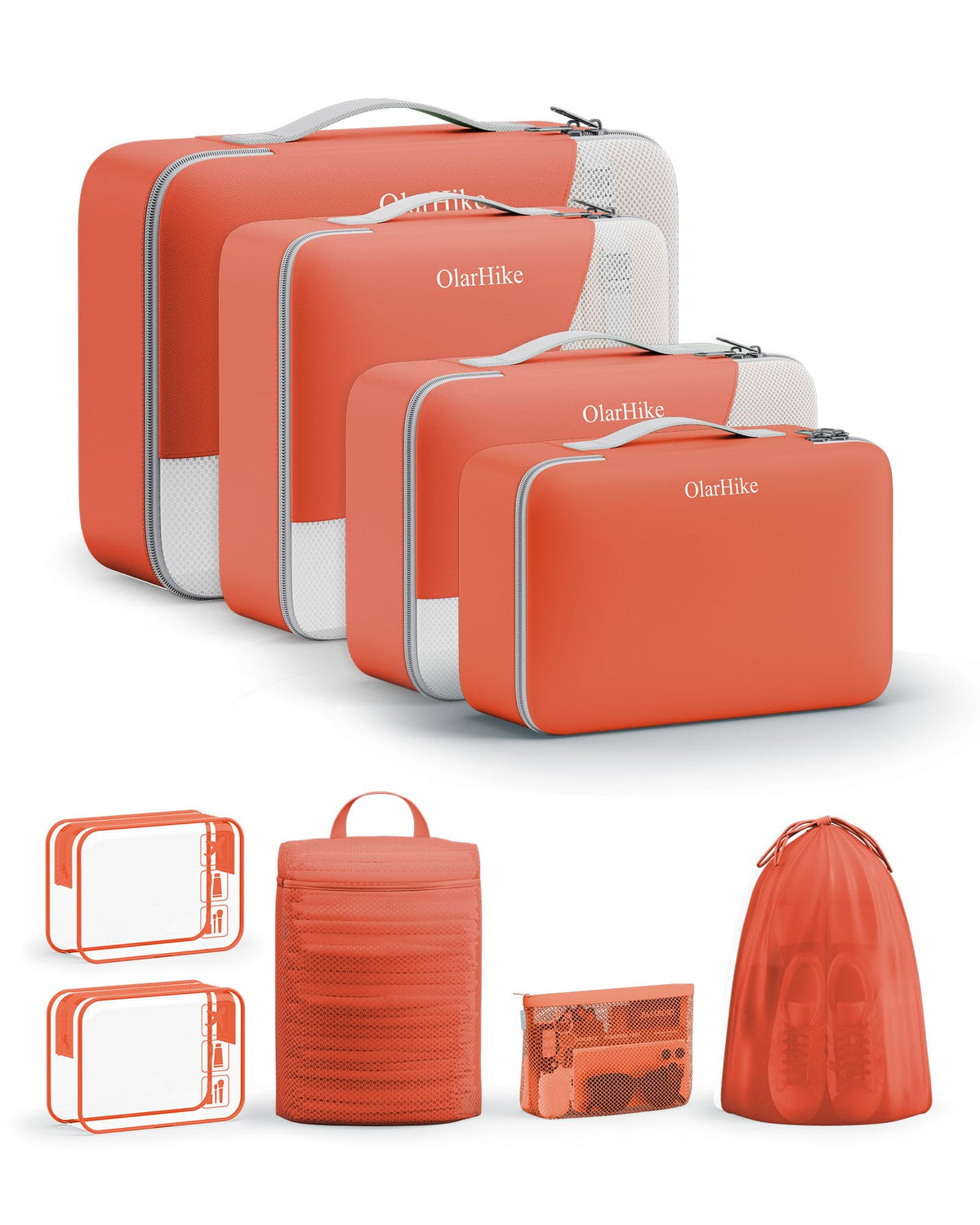 OlarHike Packing Cubes for Travel,Gifts for Women Mom,Anti-Tearing Suitcase Organizer for Luggage with Shoe & Hanging Toiletry Bag,Vacation Essentials & Accessories for Cruise Ship,11 Set,Orange