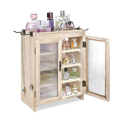Ikee Design Wooden Countertop Storage Cabinet. Customizable Organizer with Adjustable Shelves, Glass Window Door and Removable Metal Hook. Perfect for Kitchen, Vanity, or Bathroom. Antique White
