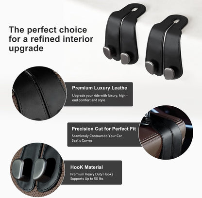 CoBak Purse Hook for Car - Universal Premium Stitched Leather and Aluminum-Magnesium Alloy Double Car Seat Back Storage Hook for Purses, Handbags, Bags (2 Pack),Black