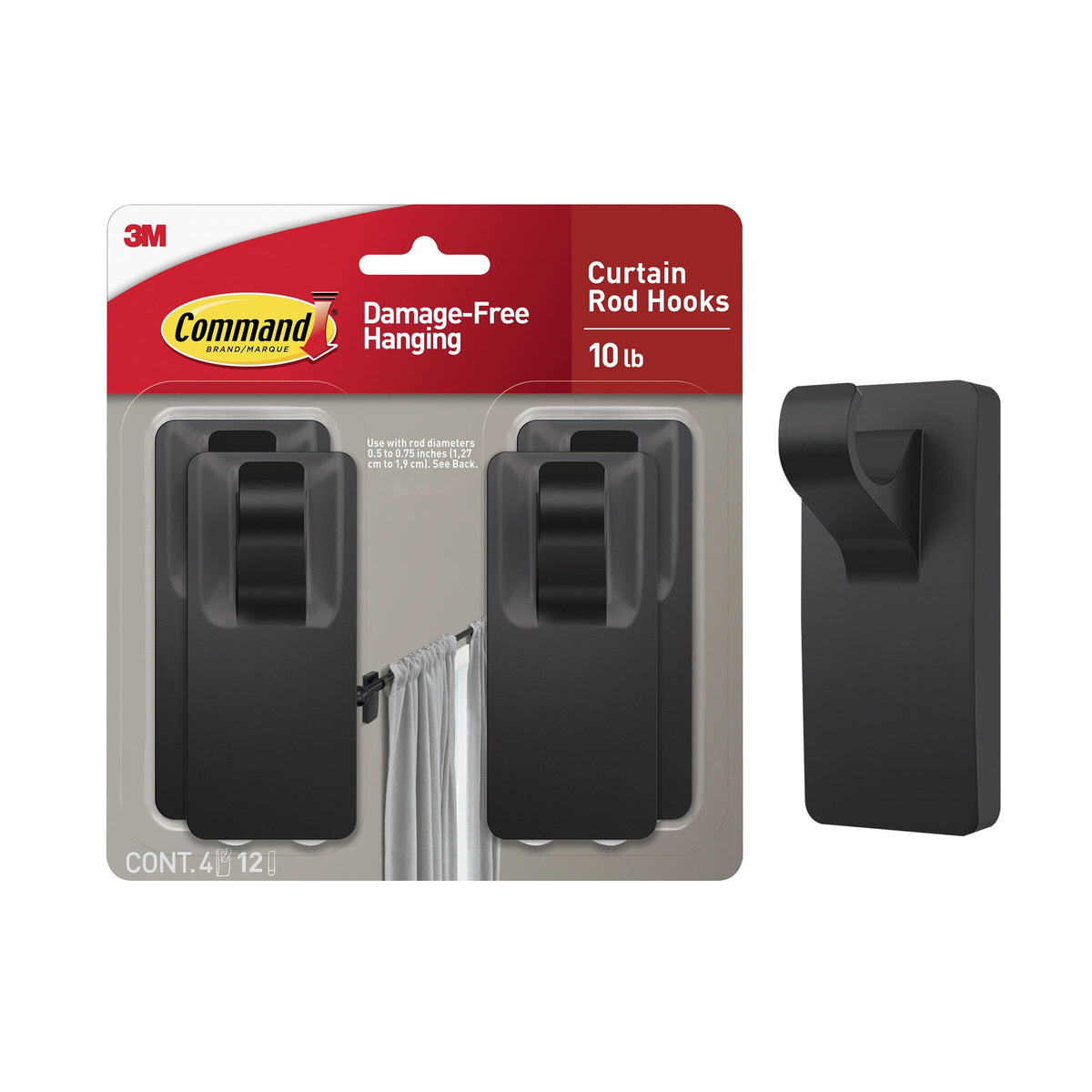 Command Medium Black Curtain Rod Hooks, 2 Hooks, 4 Strips