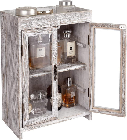 Ikee Design Wooden Countertop Storage Cabinet. Customizable Organizer with Adjustable Shelves, Glass Window Door and Removable Metal Hook. Perfect for Kitchen, Vanity, or Bathroom. Antique White