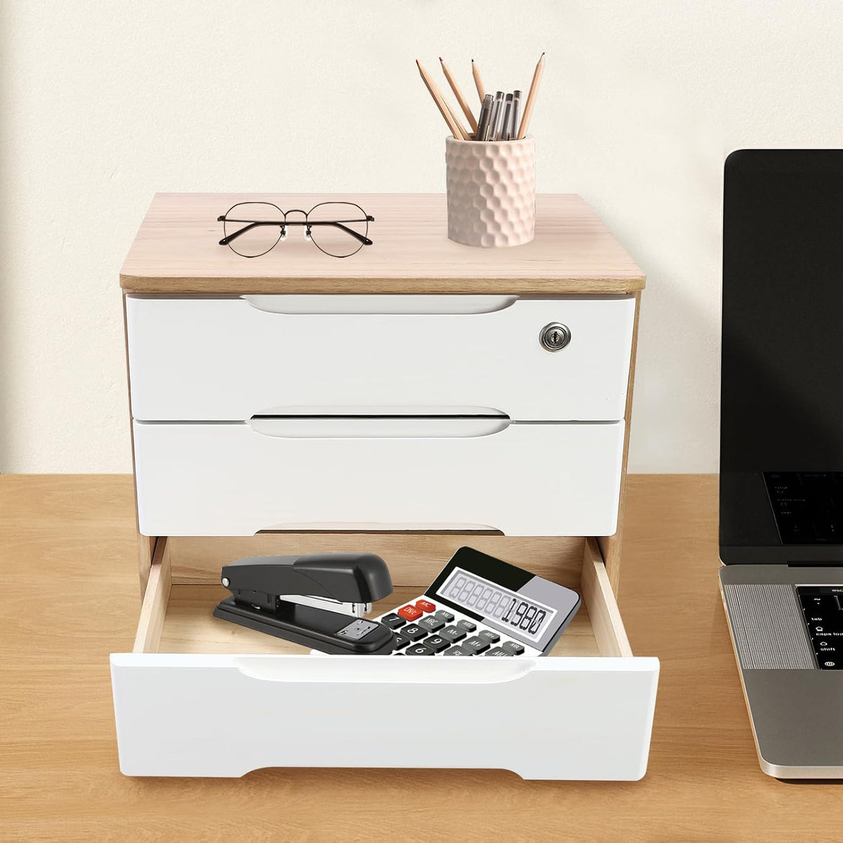 Wood Desk Organizer with 3 Drawers, Lockable Desktop Countertop Storage Cabinet for Home Office Supplies File Tabletop Storage Box, 15.35" x 11.81" x 12.2" (Wood)