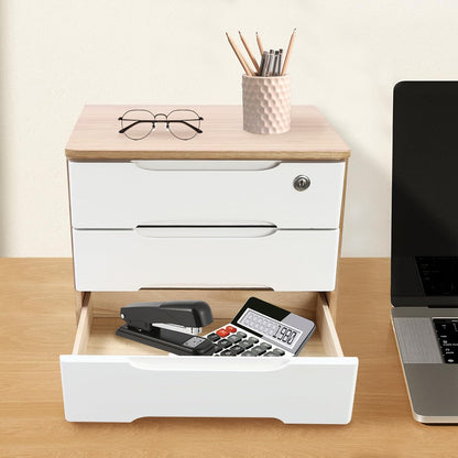 Wood Desk Organizer with 3 Drawers, Lockable Desktop Countertop Storage Cabinet for Home Office Supplies File Tabletop Storage Box, 15.35" x 11.81" x 12.2" (Wood)