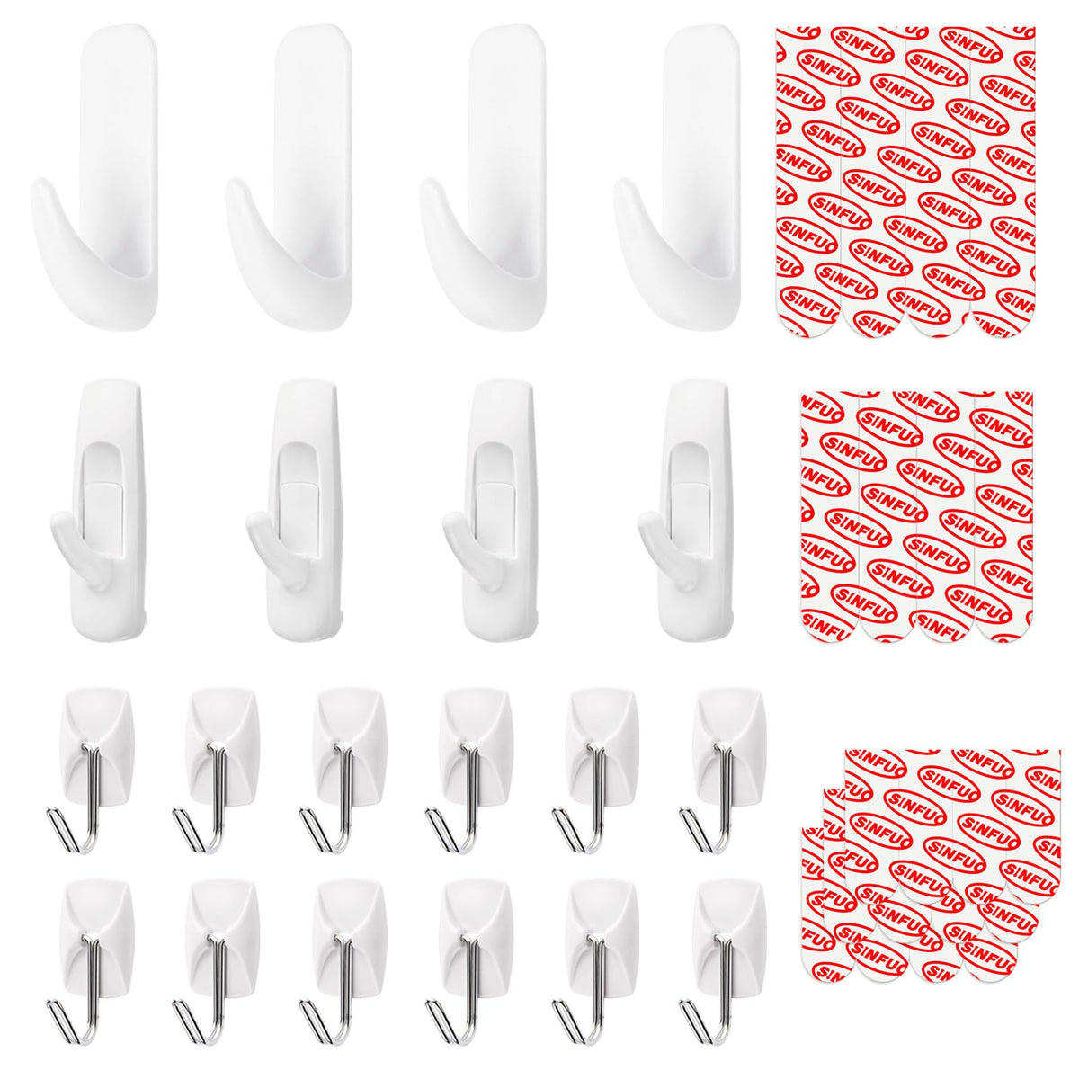 Sinfuo 24 Hooks for Hanging Variety Pack, Adhesive Wall Hooks Heavy Duty with 36 Stirps,no Damage Large midium Small Sticky Utility Hooks for Outdoor、Tower、Keys