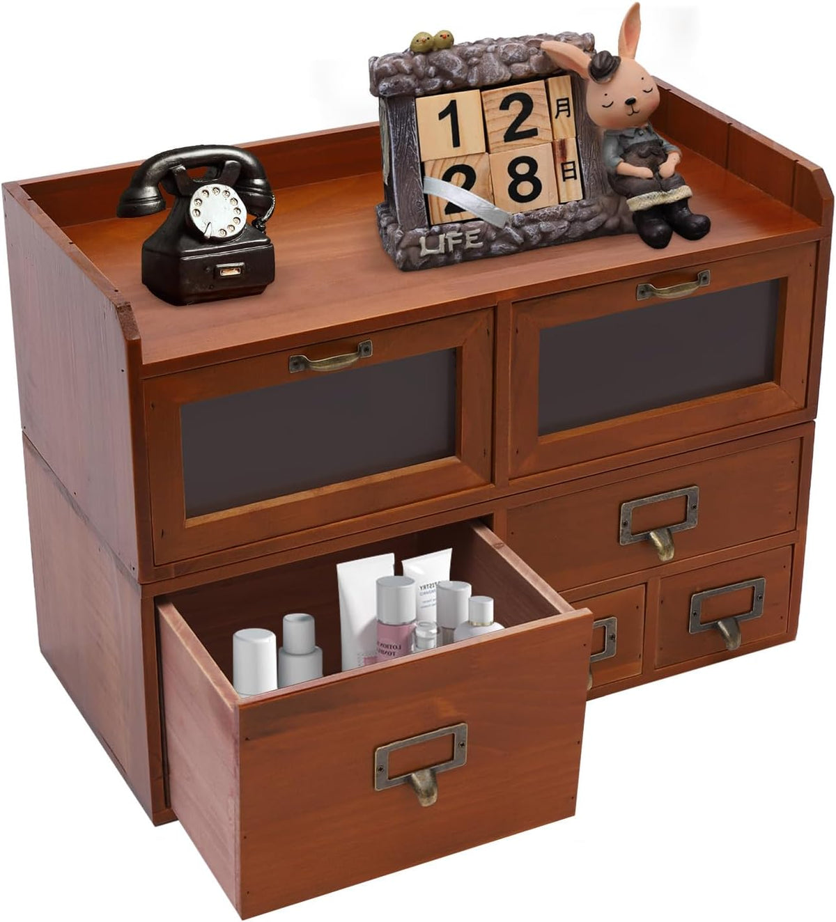 Vintage Desktop Organizing Cabinet 6 Drawers Pine Wood Retro Desk Storage