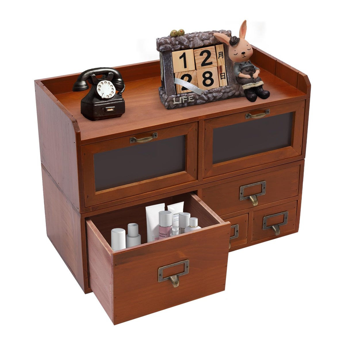 Vintage Desktop Organizing Cabinet 6 Drawers Pine Wood Retro Desk Storage