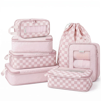 HOMESPON 7 Pcs Compression Packing Cubes for Travel, Blue Checkerboard