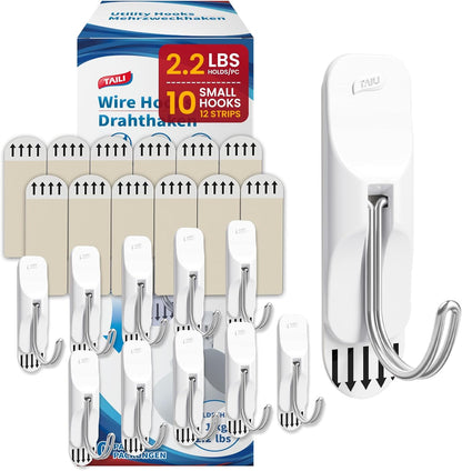 TAILI Hooks for Hanging,10 Small Hooks & 12 Adhesive Strips Holds up 1.1 lb