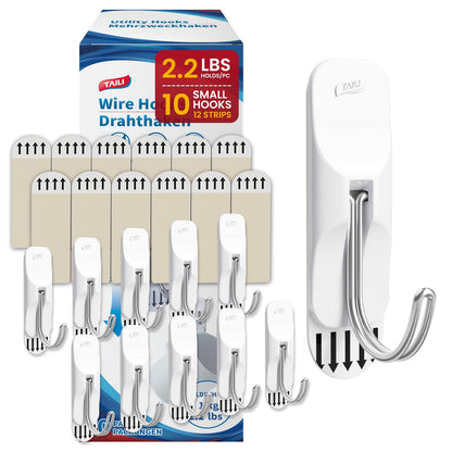 TAILI Hooks for Hanging,10 Small Hooks & 12 Adhesive Strips Holds up 1.1 lb
