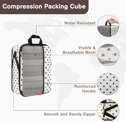 U+U 6 Set Compression Packing Cubes, Travel Organizers (Polka Dot)