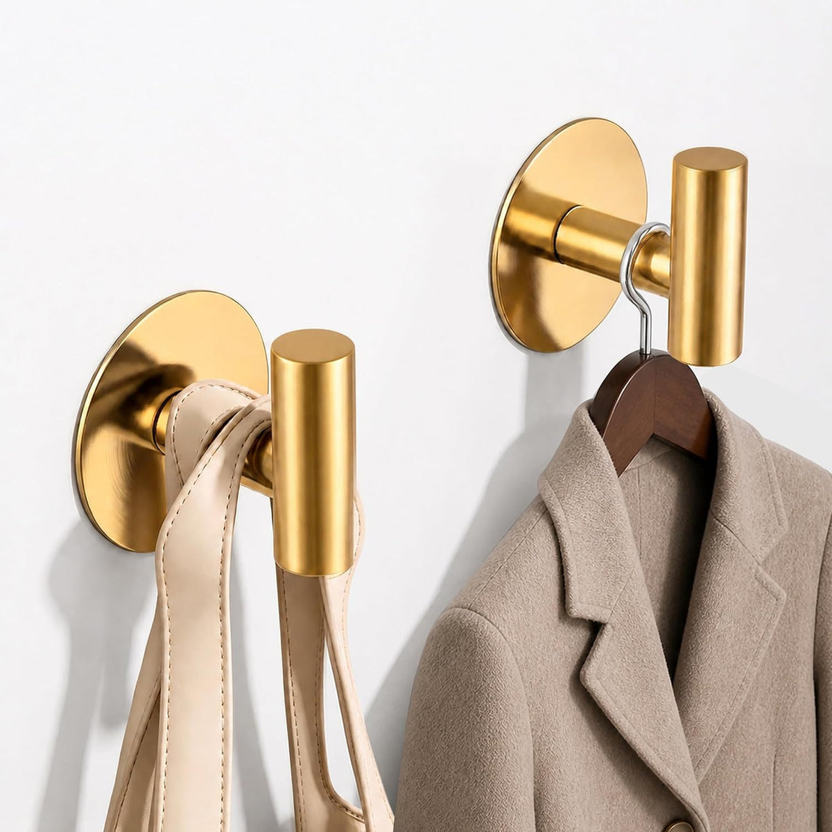 Gold Stainless Steel Wall Hooks, Heavy Duty Self-Adhesive Hooks for Coats, Towels, Robes, Hats, Aprons – No Drill Bathroom, Kitchen, Hotel (2 Pack)