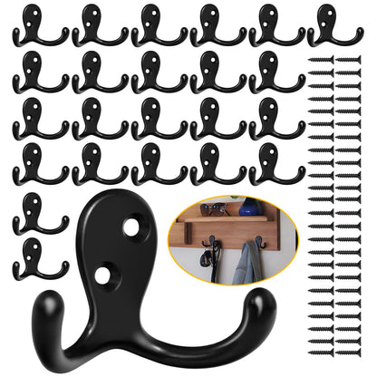 Homanu 14 Pack Silvery Coat Hooks Wall Mounted Double Prong with 28 Screws