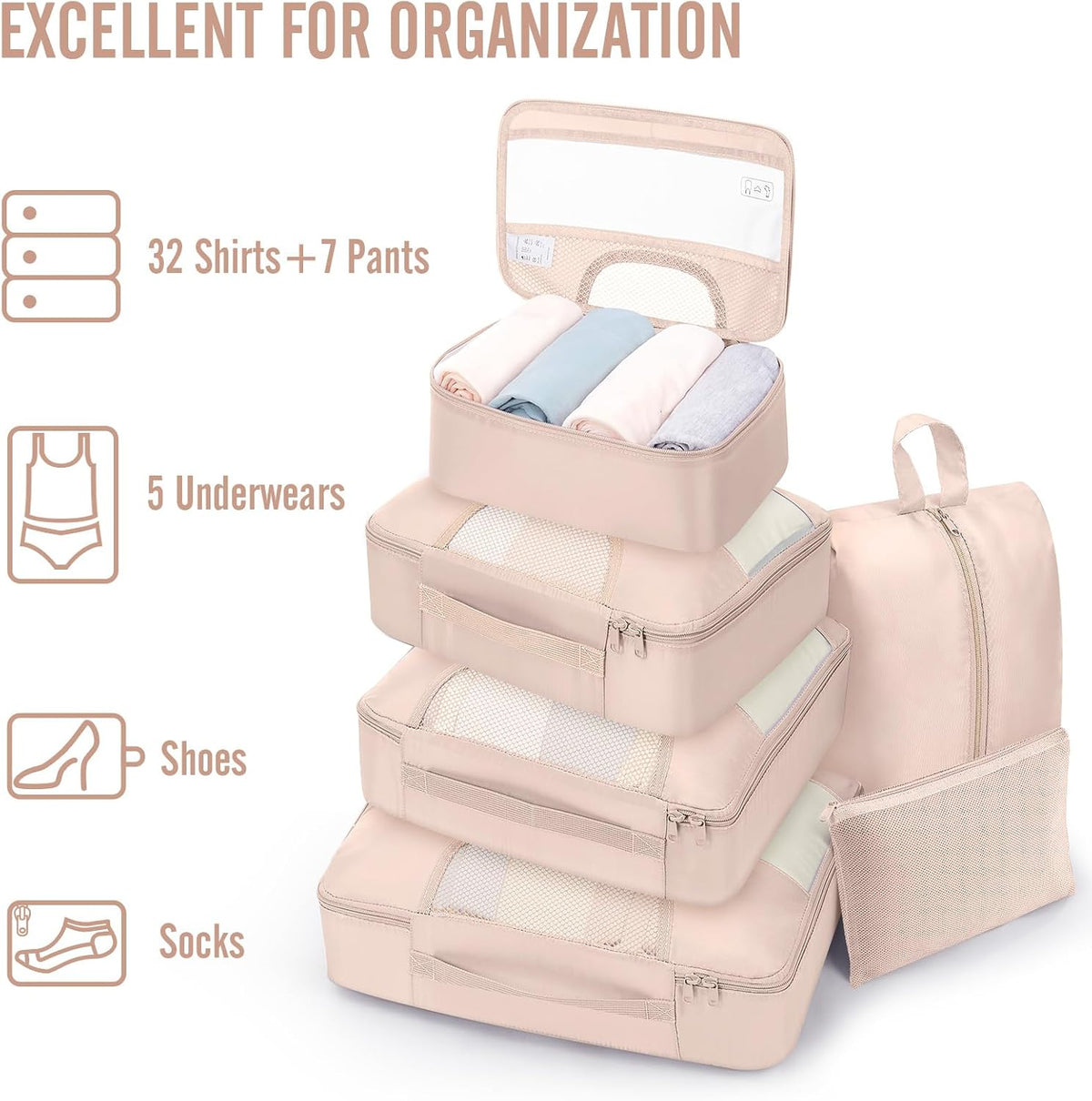 Veken 8 Set Packing Cubes for Travel Essentials,Anti-Wrinkle Buckled Suitcase Organizer for Shoe & Toiletry Bag,Carry On Luggage Bag with 99+ Count Mesh Holes for Airplane & College Dorm Accessories