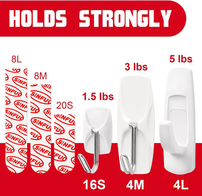 Sinfuo 24 Hooks for Hanging Variety Pack, Adhesive Wall Hooks Heavy Duty with 36 Stirps,no Damage Large midium Small Sticky Utility Hooks for Outdoor、Tower、Keys