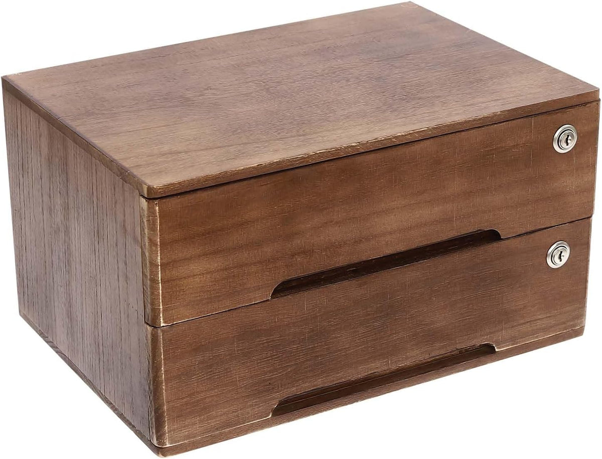 2-Tier Wooden Desktop Storage Box with Lockable Drawers, Flat File Cabinet Small Wooden Box Organizer for Office Supplies Installation-free, 15.75×11×8.66in (Walnut)