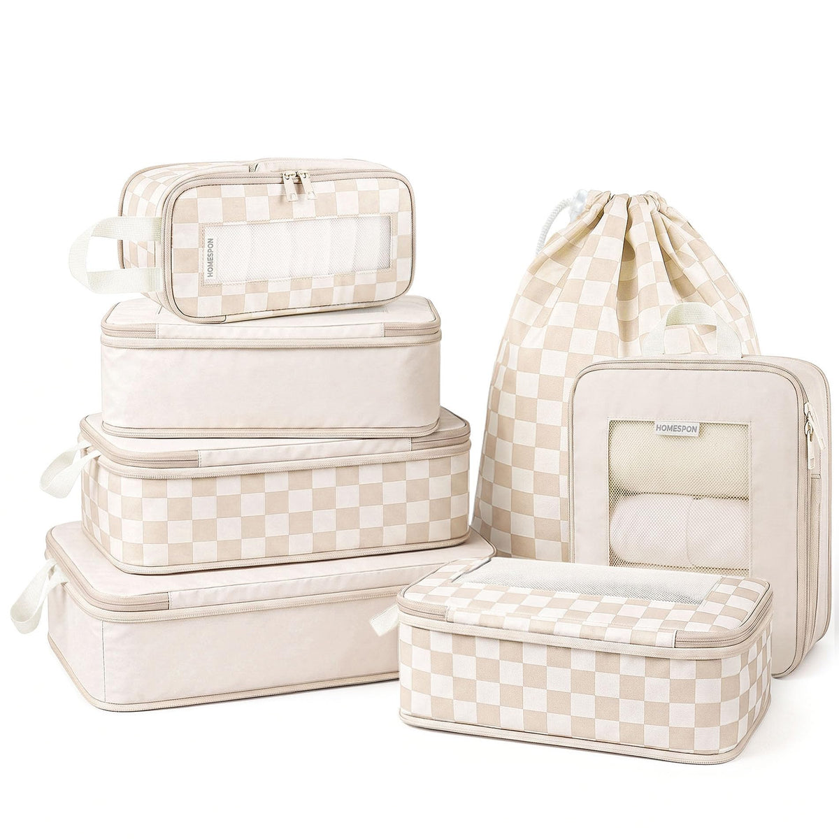 HOMESPON 7 Pcs Compression Packing Cubes for Travel, Blue Checkerboard