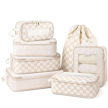 HOMESPON 7 Pcs Compression Packing Cubes for Travel, Blue Checkerboard