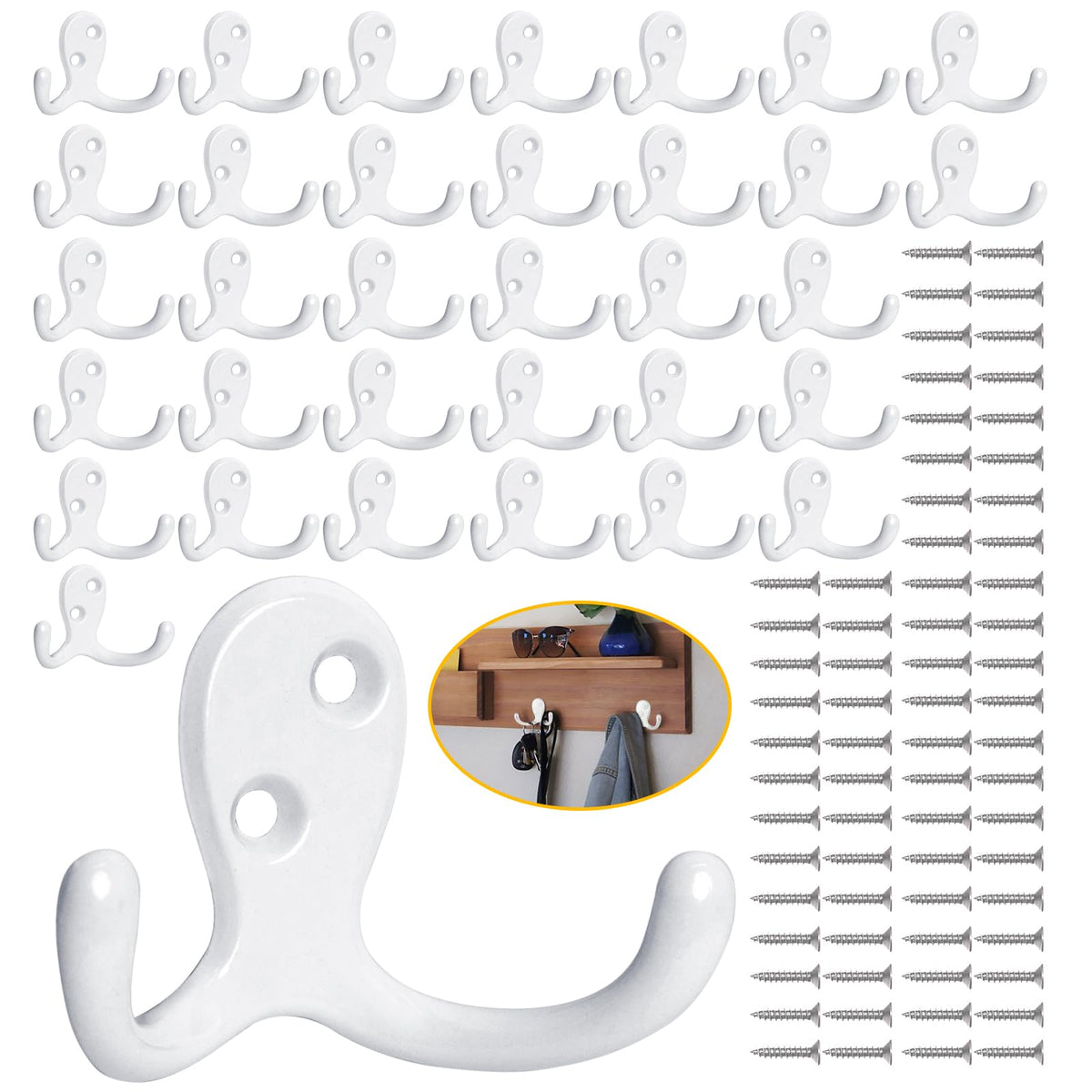 Homanu 14 Pack Silvery Coat Hooks Wall Mounted Double Prong with 28 Screws