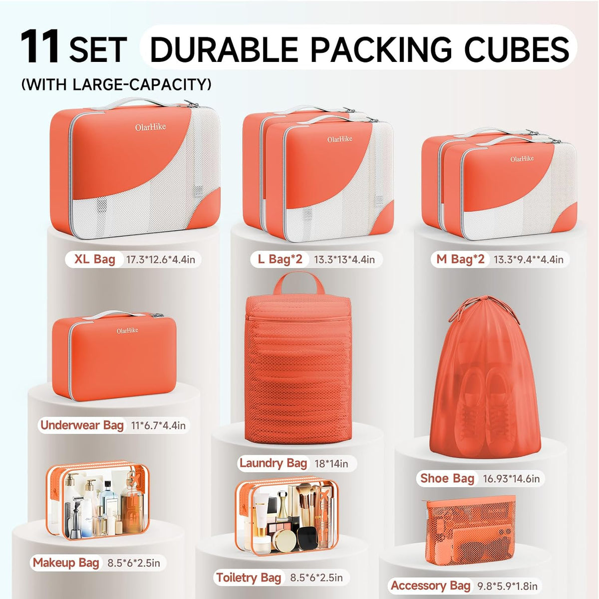 OlarHike Packing Cubes for Travel,Gifts for Women Mom,Anti-Tearing Suitcase Organizer for Luggage with Shoe & Hanging Toiletry Bag,Vacation Essentials & Accessories for Cruise Ship,11 Set,Orange