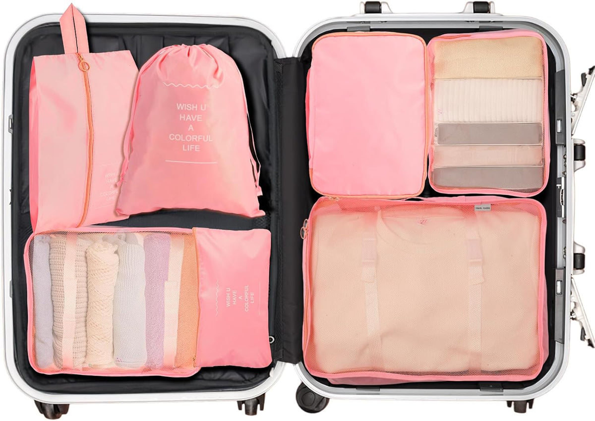7PCS Packing Cubes for Suitcases, Travel Luggage Organizer Bags, Suitcase Organizer Bags Set for Carry on Luggage Travel Essentials, Pink